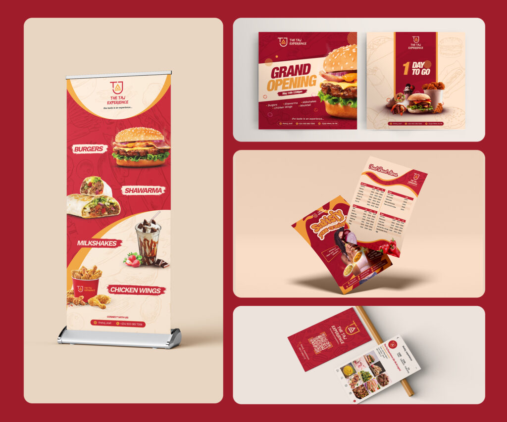 The taj experience roll up banner design, menu list design, business card design, and flyer designs